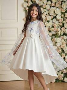 年轻女孩网纱拼接亮片刺绣蝴蝶装饰白色婚纱 - 白色 - 查看 7