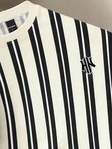 Manfinity Joysei Men's Vertical Striped Round Neck Letter Print Casual Versatile Commuting Short Sleeve T-Shirt - Black - View 4