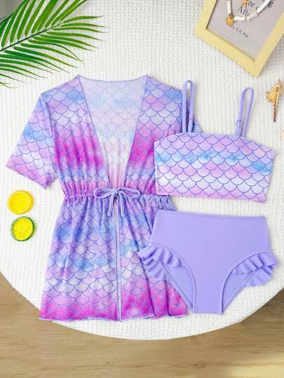 三件套少女比基尼套装，紫色美人鱼鳞片针织外套，带腰绳，可调节肩带泳衣+外套，时尚休闲优雅泳装，适合游泳、海滩、泳池、夏季度假