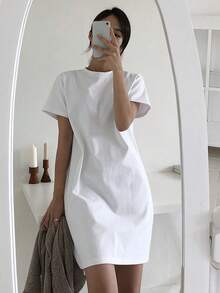 DAZY 女士纯色宽松T恤连衣裙夏季太阳裙，休闲女装 - 白色 - 查看 3