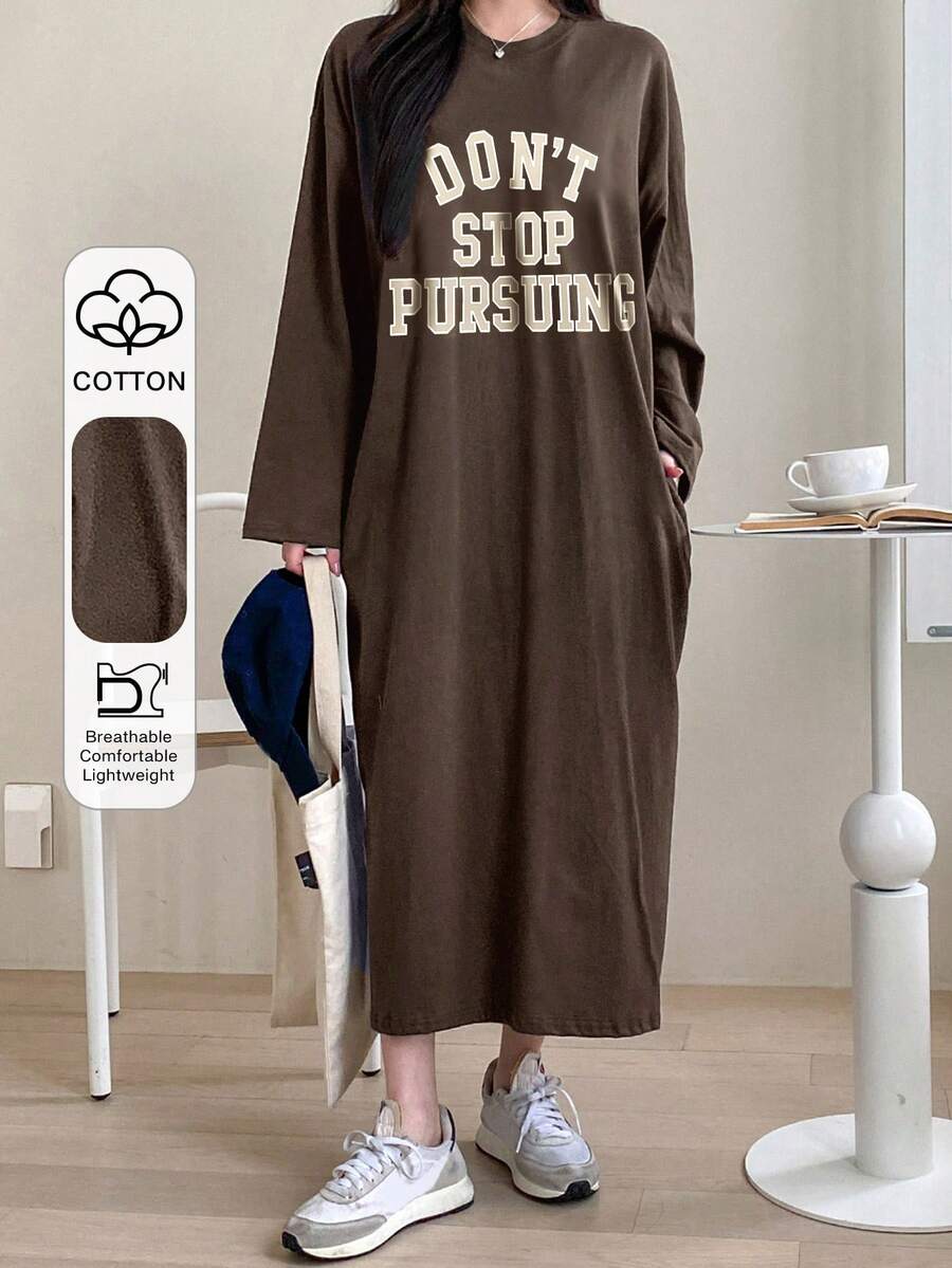 DAZY Women's Letter Print Long Loose Long Sleeve Dress, Spring/Summer/Autumn Dress - Brown - View 1