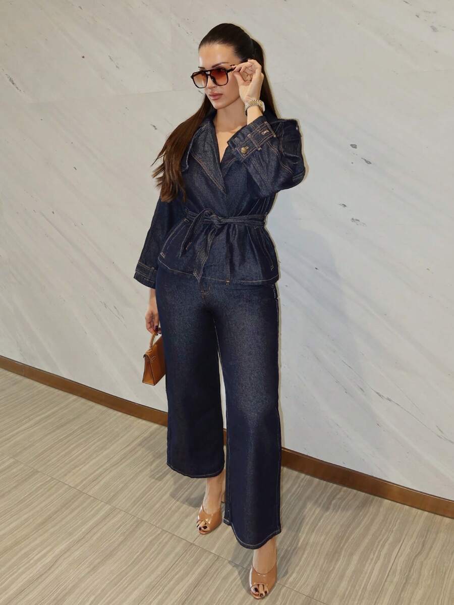 MDEdit Women's Lapel Jacket And Loose Fit Jeans Set - Blue - View 1