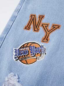 ROMWE MEN Street Life Teen Boy's Casual Fashion Street Daily Commute Letter & Basketball Print Distressed Denim Shorts, Summer - Blue - View 3