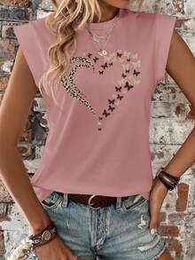 EMERY ROSE Women Fashion Leopard, Butterfly And Heart Printed Short Sleeve T-Shirt Graphic Tees Women Tops - Pink - View 1