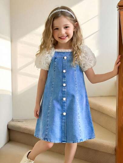 SHEIN Girls' Elegant Bowknot Decor Dress, White & Blue, Casual Outdoor Holiday Beach Dress