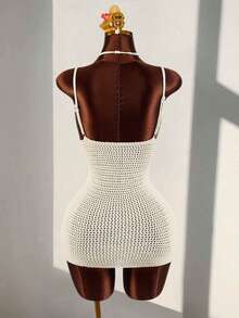 Amplova Women's Crochet Mini Dress, Sexy Sheer Floral Slip Dress, Vacation Dress - Apricot - View 3