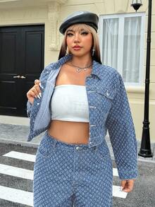 SHEIN ICON جاكيت كاجوال من الجينز المرقع بالكروشيه للمرأة ذات الحجم الكبير، خريف/شتاء - أزرق فاتح - مشاهدة 3