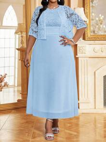 Fleurora Plus Size Women Floral Lace Short Sleeve Cardigan And Sleeveless Blue Dress Elegant 2 Piece Set Summer Dress  Spring Outfit Women  Party Dress Stylish Clothing Collection Light Blue Dress Curve - Blue - View 6