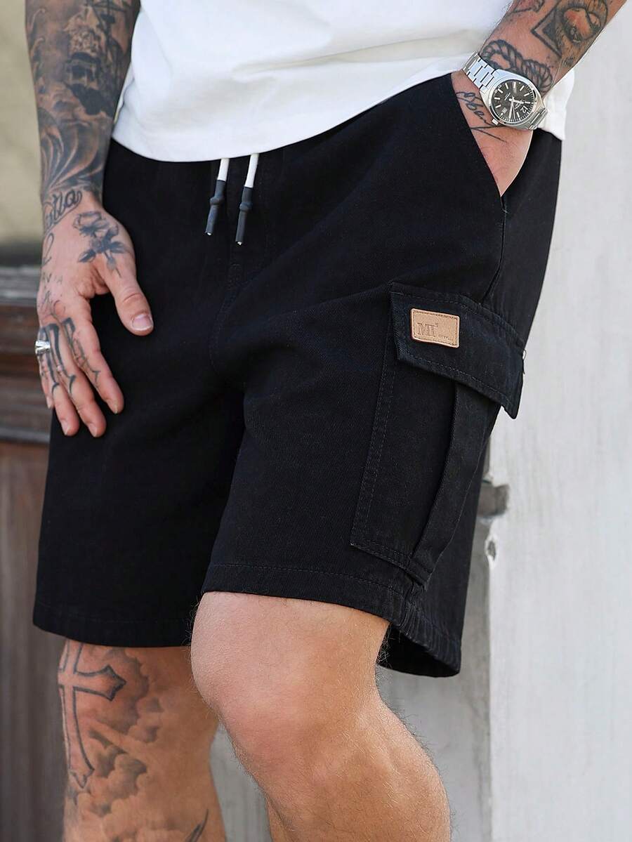 Manfinity Homme 男士松紧腰抽绳口袋工装短裤 - 黑色 - 查看 1