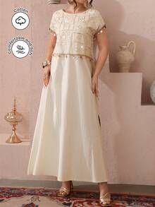 SHEIN Najma Round Neck Short Sleeve Pearl Embroidered Patchwork Shell Tape Flared Hem Arabic Style Dress For Women - Apricot - View 5