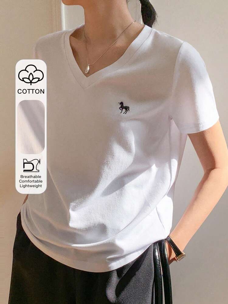 Women's Casual V-Neck Unicorn Embroidery Short Sleeve T-Shirt