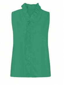 EMERY ROSE Women's Solid Color Frill Trim V-Neck Sleeveless Casual Shirt - Green - View 3