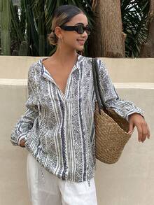 Livesso Áo sơ mi dài tay cổ chữ V kẻ sọc phối màu, họa tiết hình học phong cách Bohemian, dáng rộng, thoải mái, thích hợp cho kỳ nghỉ biển, mùa xuân/hè dành cho nữ. - Màu be - Xem 8