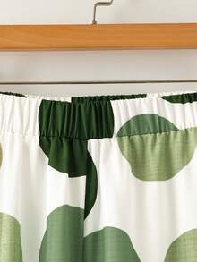 SHEIN Clasi 2pcs/Set Women's Casual Green Bow Tie Shirt And Loose Straight Geometric Print Pants Set, Suitable For Spring/Summer, Vacation, Outing, Everyday Wear - Multicolor - View 3