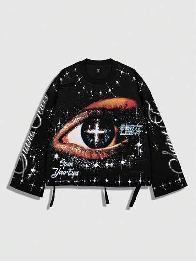 Street Life Vintage Street Style Punk Distressed Saint Graphic Long Sleeve Crew Neck Men's T-Shirt, For Fall