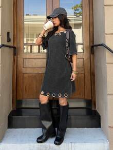 Muchica 女士休闲黑色镂空宽松落肩连衣裙 - 黑色 - 查看 1