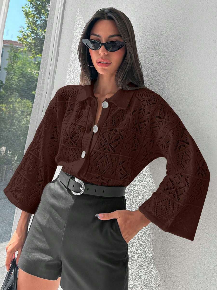 EURMUSE 女士休闲简约纯色镂空针织开衫 - 棕色 - 查看 1