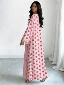 SHEIN Najma Women's Yellow Floral Faux Embroidery Print V-Neck Long Sleeve Elegant Arabic Maxi Dress, Spring/Autumn - Multicolor - View 3