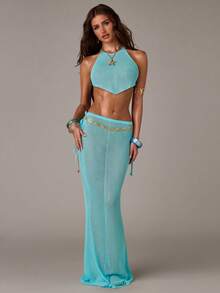 SHEIN BAE Women's Teal Blue Halter Tie Backless Top And Mini Skirt Set,Summer Casual Beach Vacation Holiday Outfits,Bohemian Elegant Beachwear Cover Up - Blue - View 8