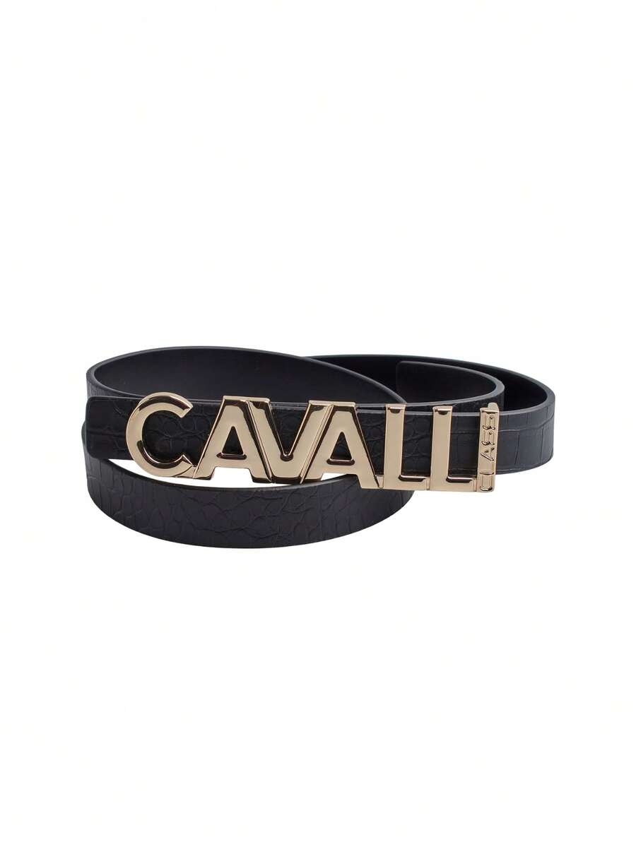 Cavalli Class Women's Logo Leather Belt Black - Black and Gold - View 1
