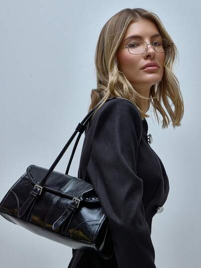 MUSERA 女士单肩包，搭扣细节，漆皮长肩带手提包，可爱日常配饰，适合日常外出