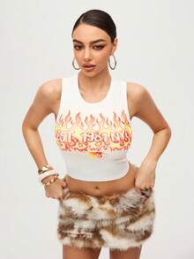 MTV | SHEIN Women's Casual Letter & Flame Print Cropped Tank Top, Summer - White - View 8