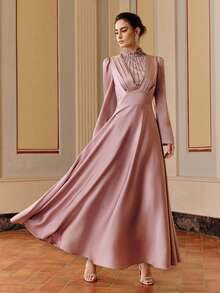 Anewsta Novo Vestido Elegante Feminino com Decoração de Pérolas Plissadas Rosa Lótus em Linha A, Chique, Casamento, Festa, Visual de Ano Novo, Luxo, Vestido de Festa, Rosa, Dia dos Namorados, Primavera - Rosa chiclete - Visão 3