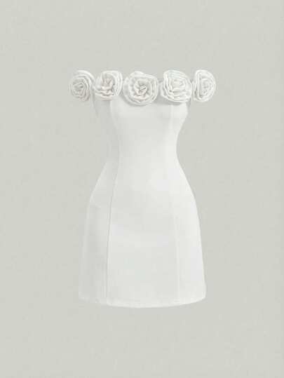 SHEIN MOD Women's Off-Shoulder Solid Red Dress With 3d Flowers