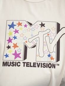 MTV | SHEIN 少女舒适字母图案短袖T恤短裤睡衣套装，夏季 - 杏色 - 查看 3