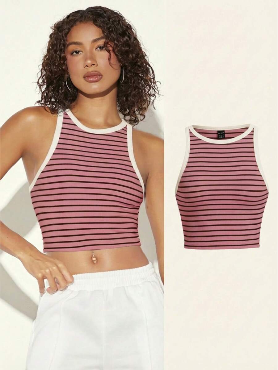 SHEIN BASICS 女士休闲条纹印花修身圆领露脐背心，适合夏季度假和日常通勤。