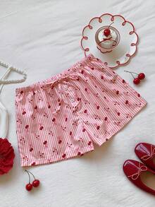 Comfortcana Quần short nữ kiểu dáng thường ngày kẻ sọc, họa tiết quả anh đào và hoa nhí, thích hợp cho mùa hè. - Hồng - Xem 8