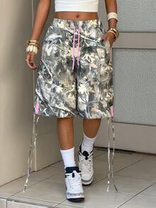 StreetHx 女士休闲时尚街头度假风印花抽绳腰带翻盖口袋宽松牛仔短裤，夏季 - 彩色 - 查看 1