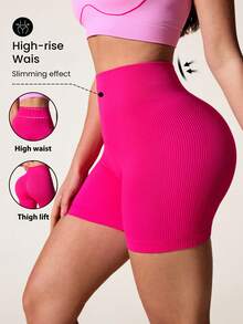 SHEIN Sovereign Charm Shorts deportivos y de yoga sin costuras y acanalados para mujer - Rosa Fucsia - Ver 1