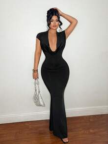 SHEIN SXY Plus Size Sexy Black Maxi Dress, Cap Sleeve Cowl Neck Open Back Draped Knitted Bodycon For Women - Black - View 8