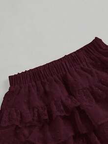 SHEIN MOD Women's Floral Lace Layered Ruffle Hem Short Skirt Ruffled Skirt Layered Skirt Maroon Skirt Burgundy Skirt Frilly Skirt - Burgundy - View 4