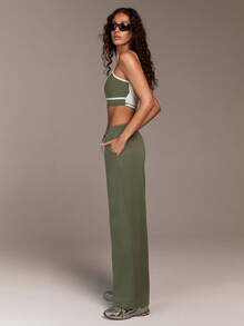 Menodora SHEIN Sport Women's Solid Color Drawstring Waist Pockets Wide Leg Loose Casual Sweatpants - Army Green - View 6
