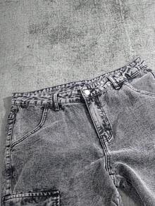 Manfinity ZONE917 宽松男式翻盖口袋和侧面板工装牛仔裤（不含腰带） - 灰色 - 查看 3