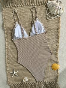 Swim Mod New Brown & White Striped Ruffle Strap One-Piece Swimsuit For Women, Summer - Brown - View 3