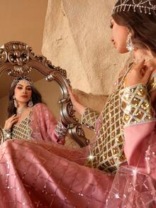 Layrah Elegant Spring/Summer Square Neck Sequin Embroidered Dress For Evening Party - Pink - View 7