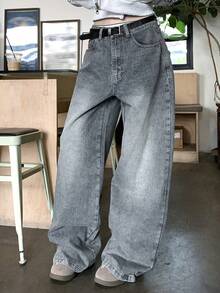 DAZY 女士口袋纽扣休闲百搭通勤宽松牛仔阔腿裤 - 藍色 - 查看 8