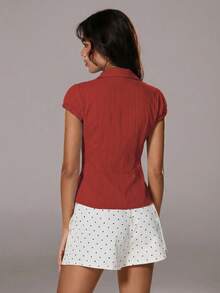 TRNVIE 夏季白色纹理翻领修身胸前纽扣性感OL棉质条纹短袖衬衫 - 紅色 - 查看 2