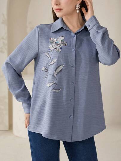 Veilorie Camisa casual holgada de mujer de manga larga con bordado floral y abotonadura sencilla