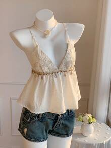 Comfortcana Women's Apricot Ruffle Hem Peplum Top Sexy Spaghetti Strap Cropped Blouse - Apricot - View 3