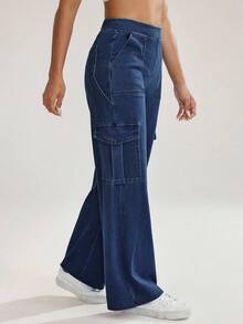 Flexra Quần jeans ống rộng có túi nắp, phong cách thường ngày năng động, thích hợp cho nữ đi làm. - Rửa trung bình - Xem 6