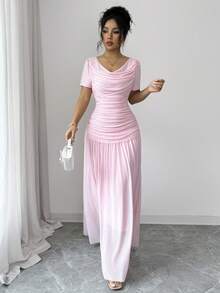 Elenzga 女士春夏优雅雪纺荷叶边垂褶领口收腰中长连衣裙，适合外出、新年、情人节、复活节、母亲节、中东婚礼、职场、浪漫假期等场合，粉色 - 粉色 - 查看 4