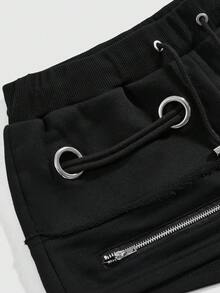 ROMWE Grunge Punk Y2K Vintage Distressed Metallic Grommet Lace-Up Super Low Rise Mini Shorts - Black - View 4
