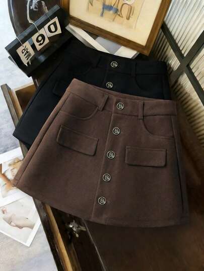 Franclia Elegant, Sophisticated, Comfortable, Button-Down, Stylish Coffee-Colored Casual Midi Skirt For Women, Spring Outfit, Women's Clothing, Coffee-Colored Midi Skirt, Metal Button Midi Skirt, Casual Midi Skirt, Casual Dress, Women's Casual Wear, Women's Casual Dress, A-Line Midi Skirt, Summer Mini Midi Skirt