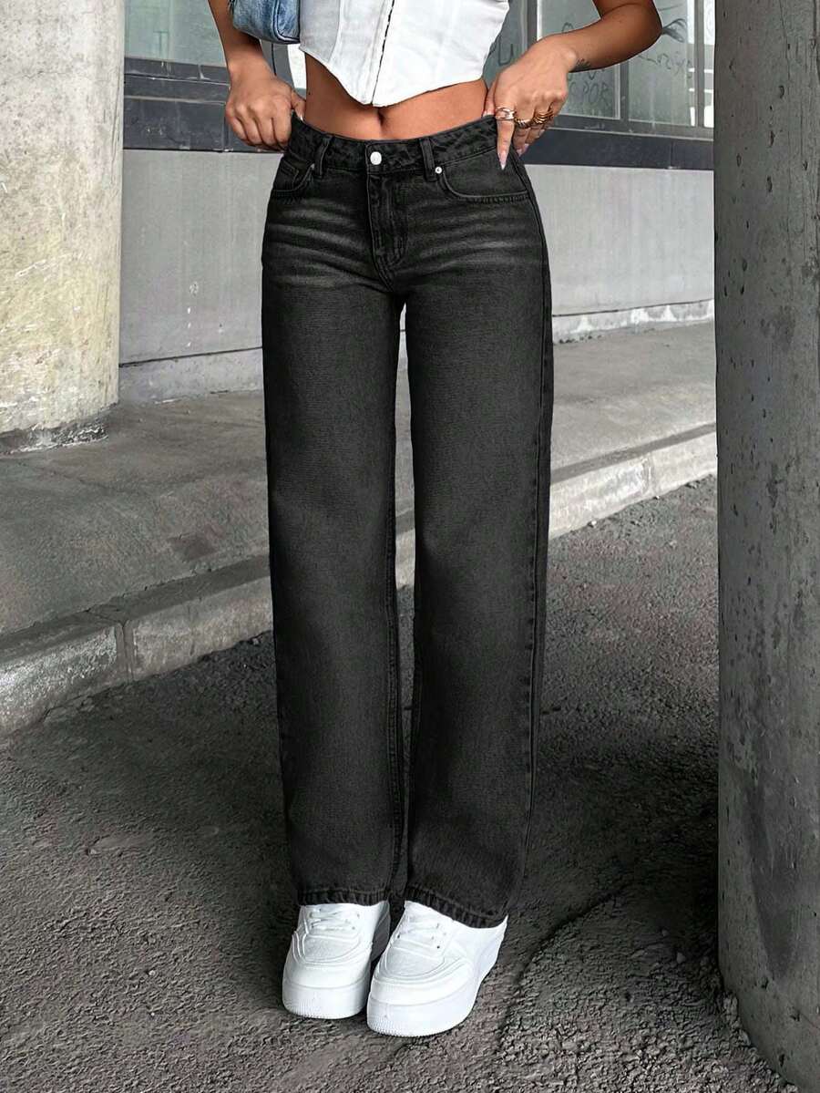 SHEIN PETITE 100%纯棉女式低腰直筒蓝色牛仔裤 - 淺灰色 - 查看 1
