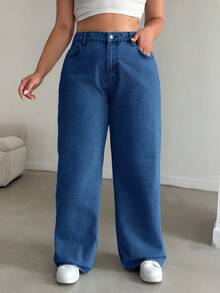 EURMUSE 100%Cotton HIGH RISE STRAIGHT CUT PLUS SZIE WOMEN JEAN - Medium Wash - View 5