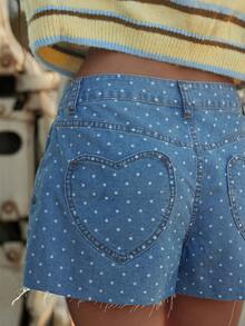 WESTFADE Polka Dot Print Heart Pocket Raw Hem A Line Cotton Blend Denim Shorts - Medium Wash - View 6